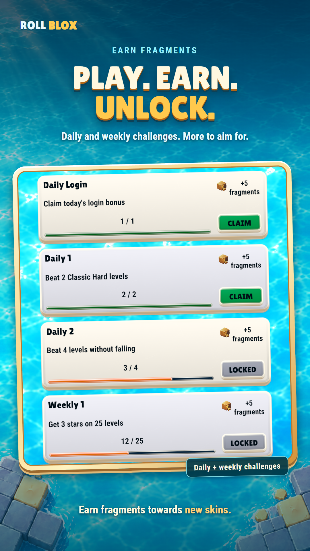 Daily and weekly challenges showing progress and fragment rewards