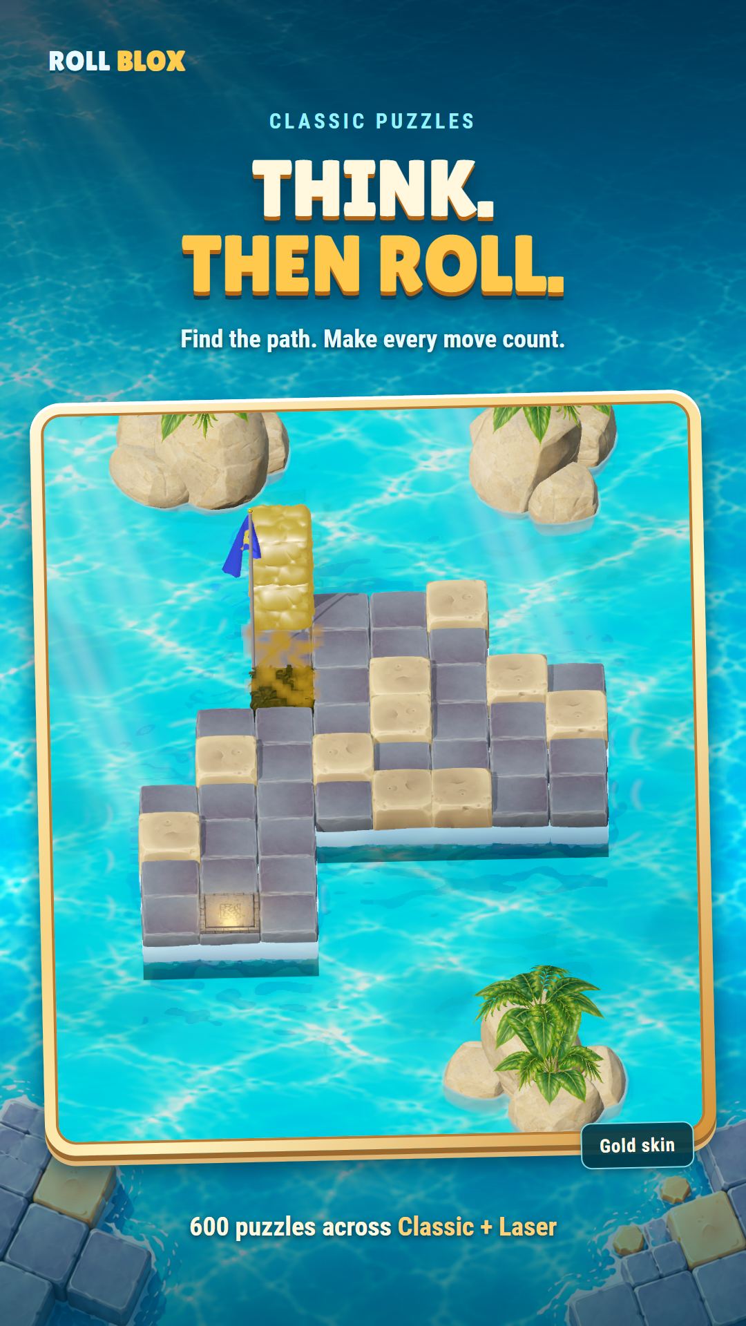 Classic puzzle with the Gold skin, stone tiles and tropical water