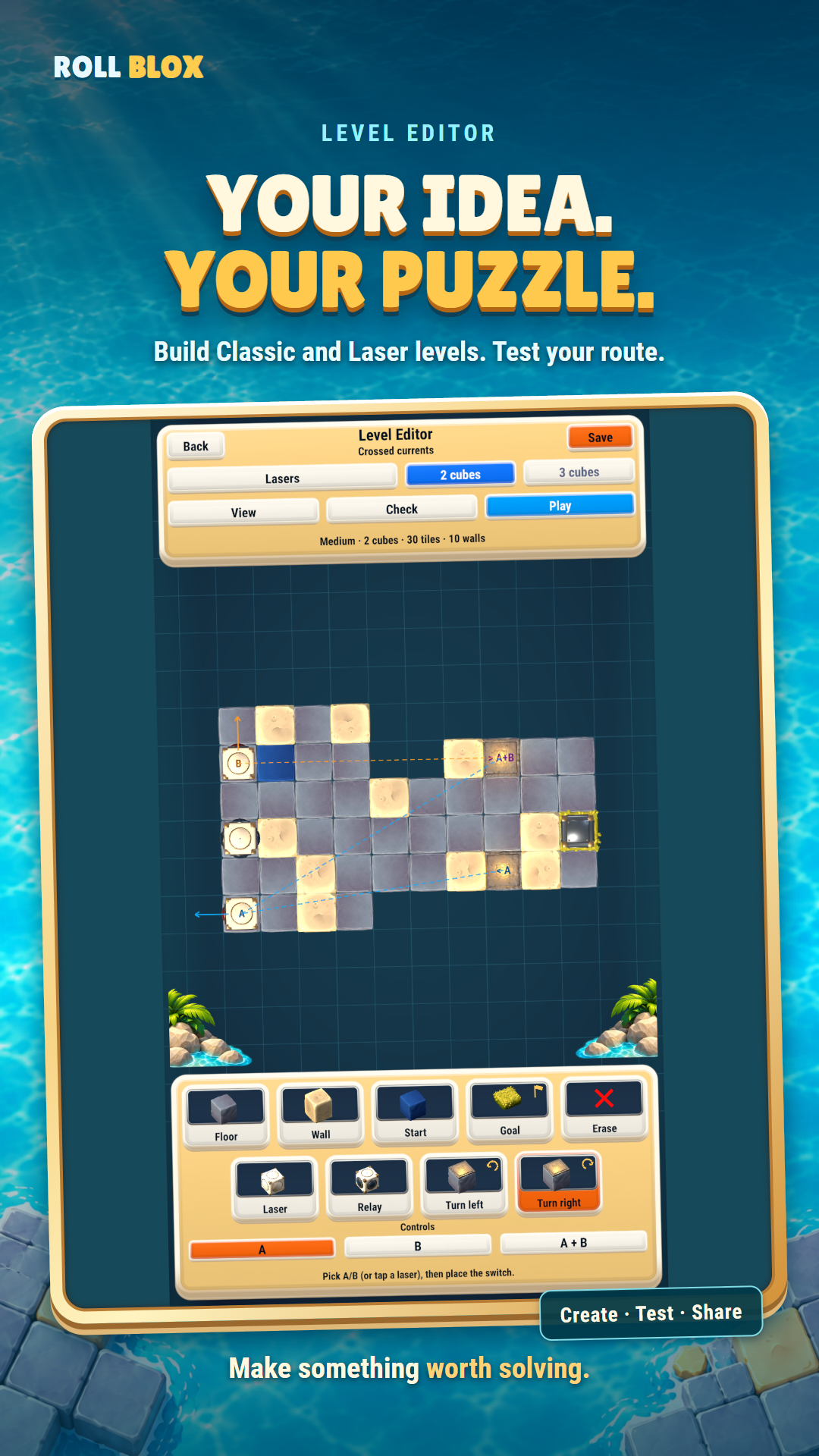 The Laser Level Editor with a puzzle board, tile tools and visible switch connections