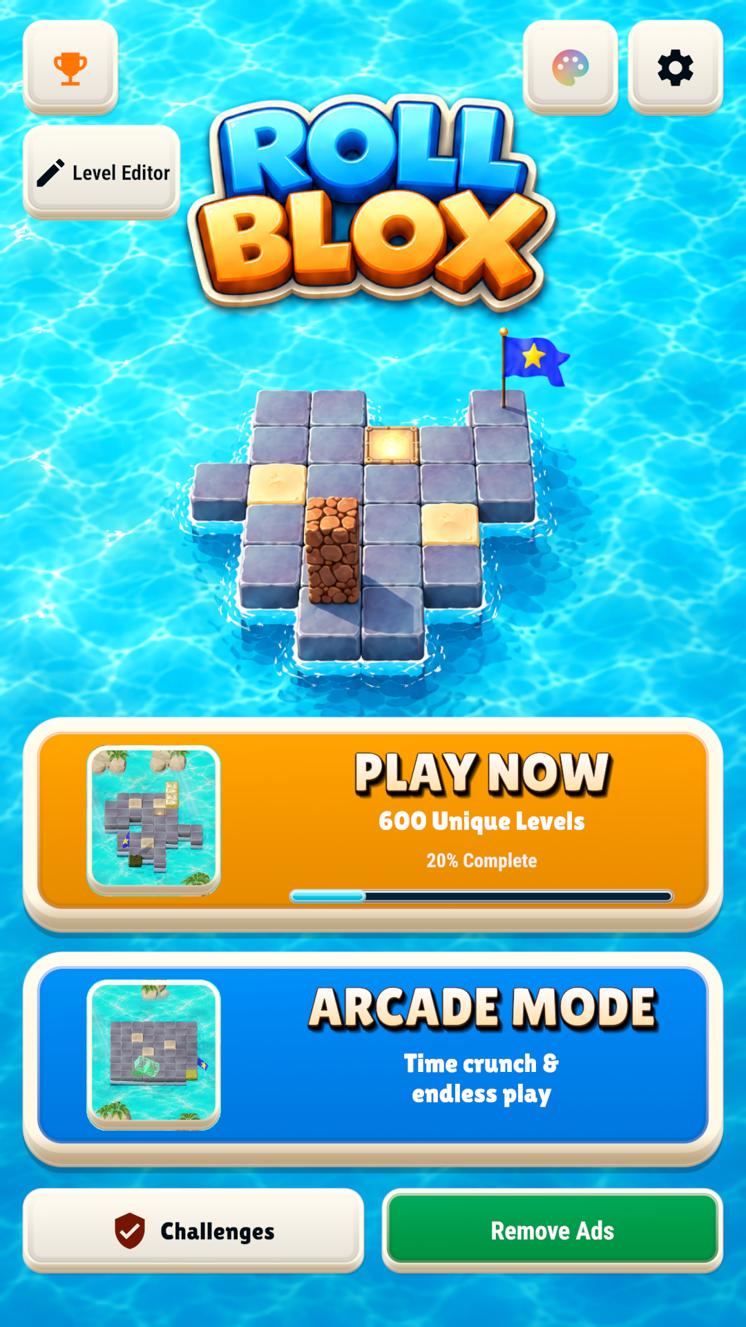 The updated Roll Blox main menu with Play Now, Arcade and Level Editor