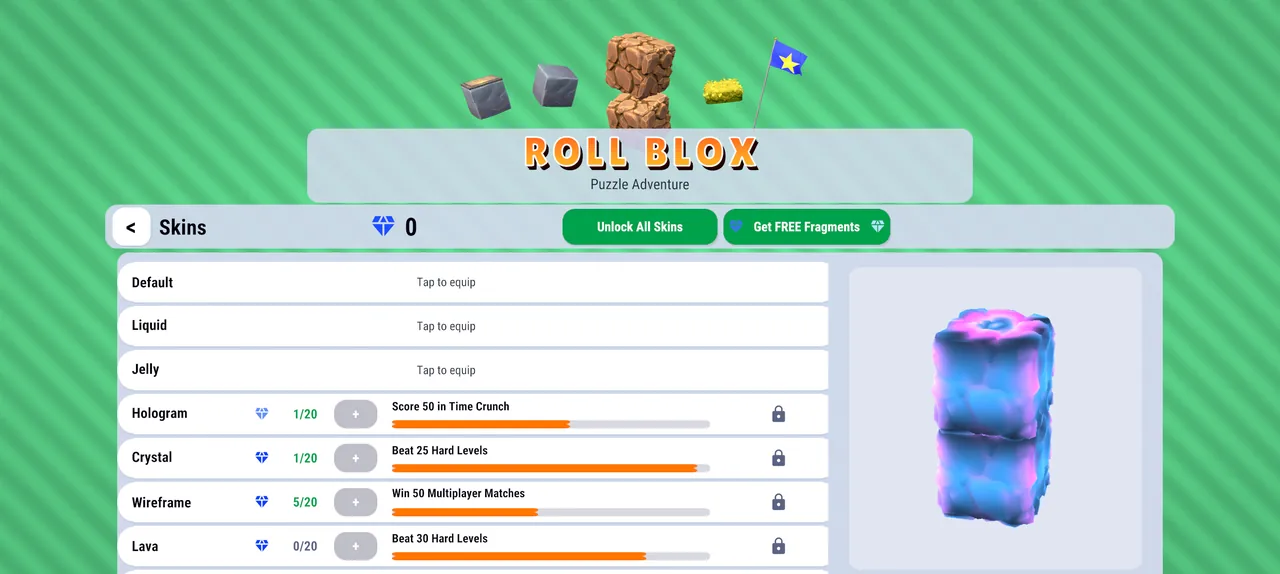 Roll Blox skin shop showing unlockable cube skins